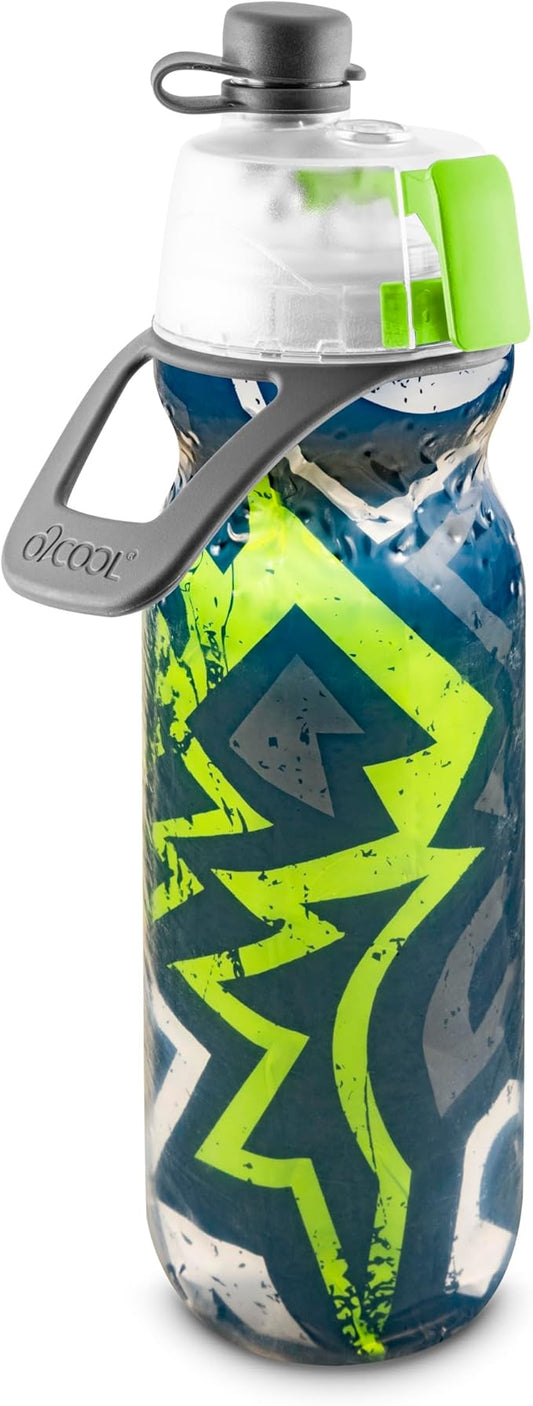 O2COOL Mist 'N Sip Misting Water Bottle 2-in-1 Mist And Sip Function With No Leak Pull Top Spout Reusable Sports Water Bottle - 20 oz (Graffiti Green)