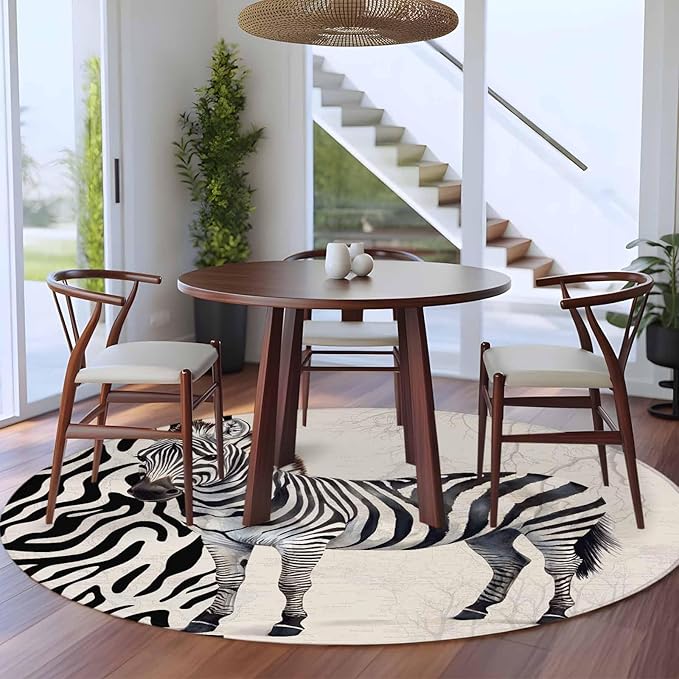 Washable Round Area Rug Zebra Black Stripe Animal Portrait Circle Rugs Floor Carpet for Living Room Bedroom, Vintage Tree Branch Soft Non Slip Round Rug 5ft