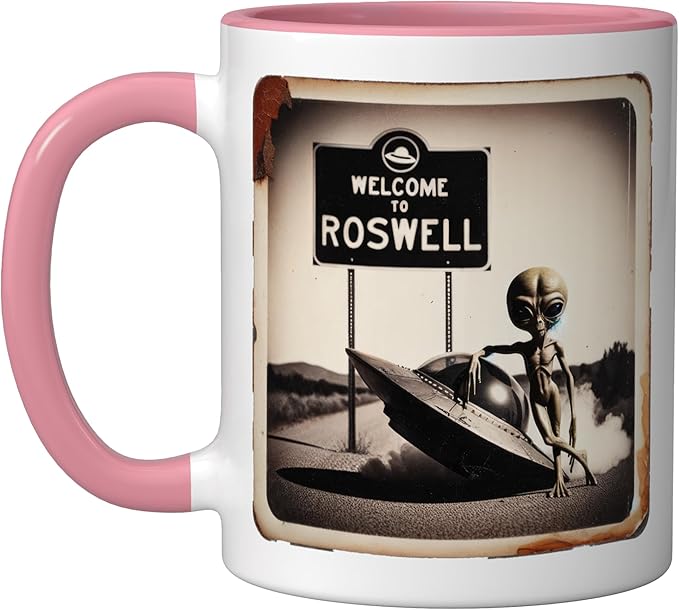 Vintage Alien UFO Crash At Roswell 1947 Photo Ceramic Mug, Pink/White