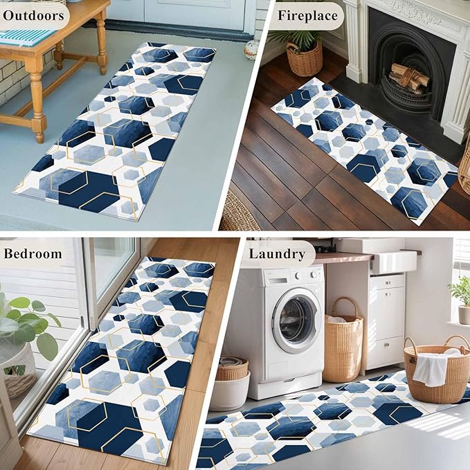 Runner Rug for Bedroom Hallway, Watercolor Blue Hexagon Kitchen Runner Rugs Area Rug 2x6ft, Abstract Geometric Art Washable Soft Floor Carpet for Entryway Stair