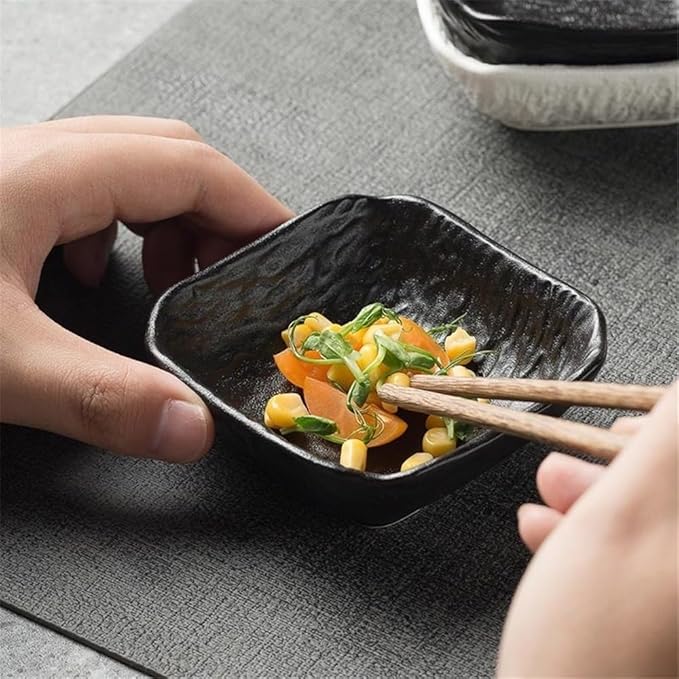 Bowl for Sauce 4 PC Stone Texture Square Sauce Dish Dipping Bowl Plate for Sushi Snack Appetizer and Kitchen Prep(Black)