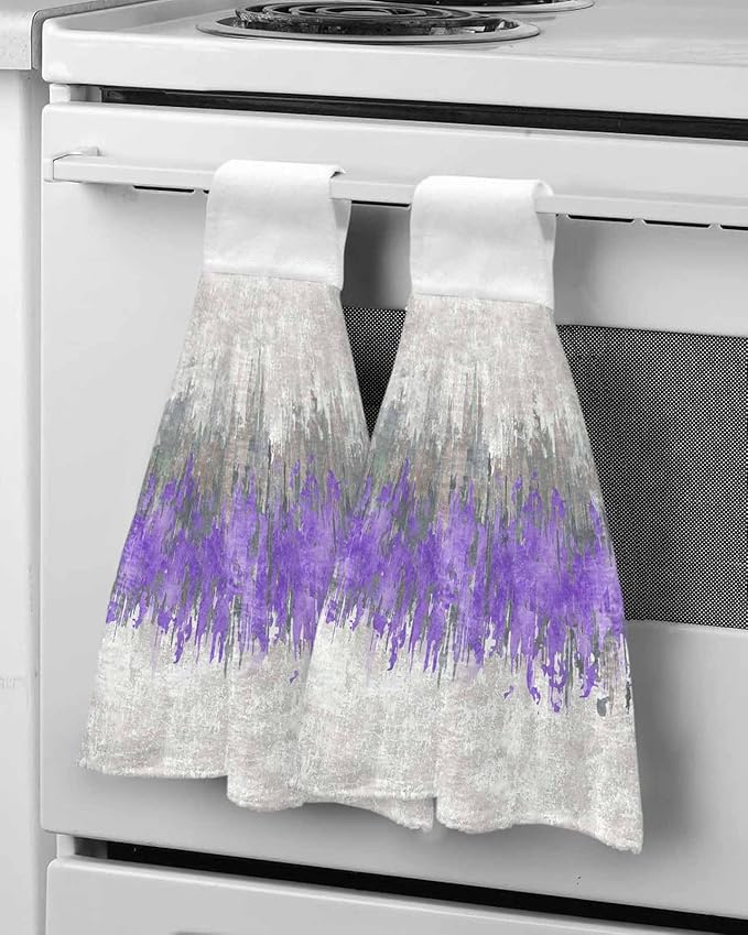 Alandar Home Kitchen Tie Towel Set of 2, Abstract Purple Grey Graffiti Absorbent Soft Hand Towels for Bathroom Hanging Towels, Modern Minimalist Art Fast Drying Cleaning Cloth with Loop
