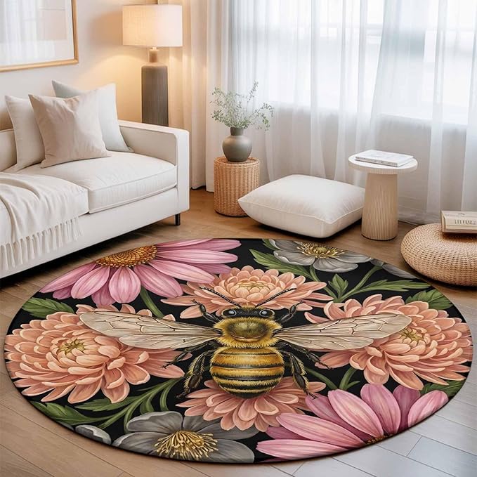 Washable Round Area Rug Vintage Honey Gold Bee Pink Flowers Circle Rugs Floor Carpet for Living Room Bedroom, Sage Green Leaves Soft Non Slip Round Rug 5ft