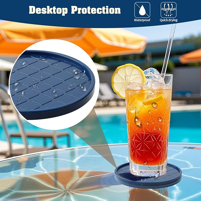 Coasters Set of 8,Hot or Cold Drink Coasters with Holder,Modern Style Coffee Table Coaster,Suitable for Kinds Cups Beer,Drink,Anti-Overflow Tabletop Protection (Navy Blue, 8pcs)