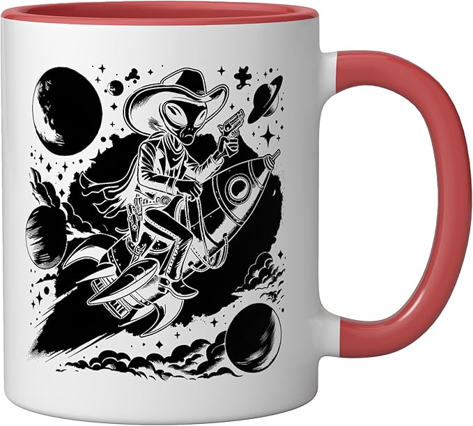 Alien Lover Flying Saucer UFO Extraterrestrial Cowboy Ceramic Mug, Red/White