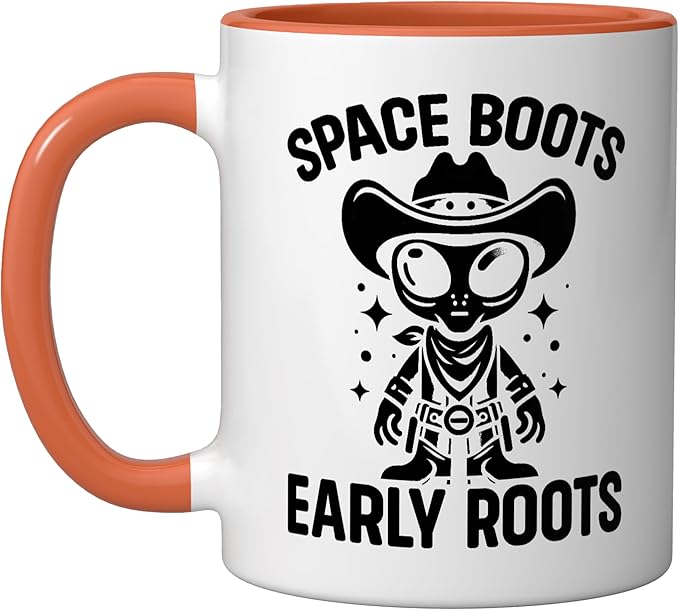 Alien Lover Flying Saucer UFO Extraterrestrial Cowboy Ceramic Mug, Orange/White