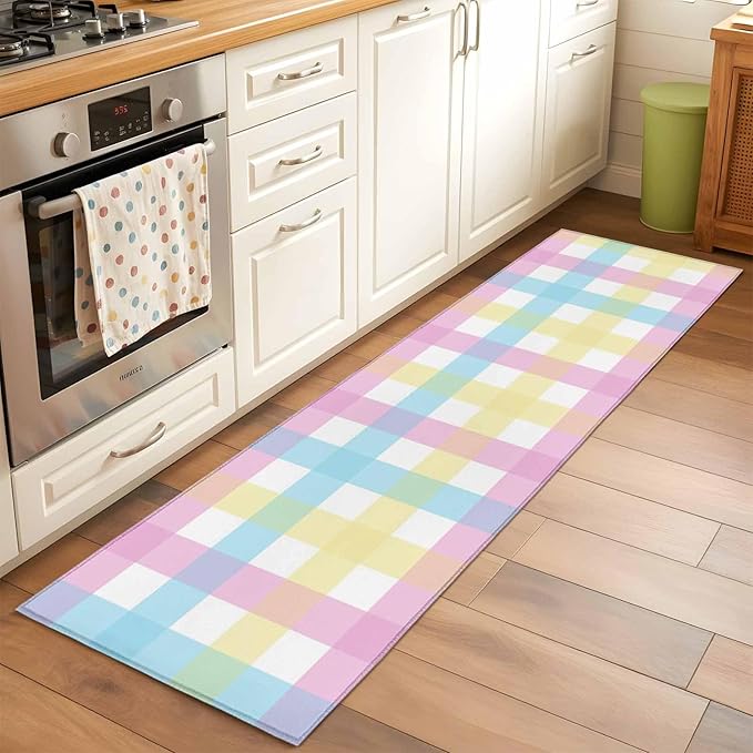 Runner Rug for Bedroom Hallway, Spring Easter Colorful Lattice Kitchen Runner Rugs Area Rug 2x6ft, Minimalist Buffalo Checker Washable Soft Floor Carpet for Entryway Stair