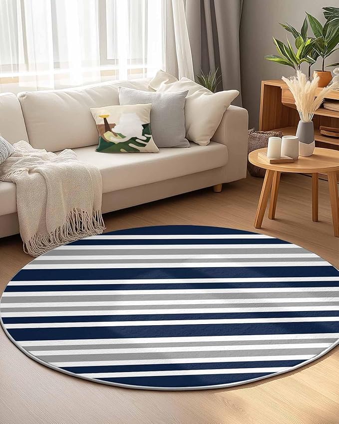 Round Area Rug,Navy Blue Gray Stripe Circle Living Room Rug Non-Slip Rugs Indoor Carpet,Modern Minimalist Style Soft Comfort Rugs for Bedroom KidsRoom Nursery
