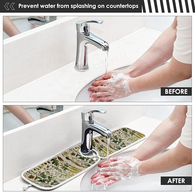 Kitchen Faucet Absorbent Mat, Antique Botanical Water Splash Guard for Sink, Faucet Drip Catcher Thicken Sponge Microfiber Faucet Water Catcher Mat Sink Absorbent Mat for Kitchen 14x5in 2 Pack