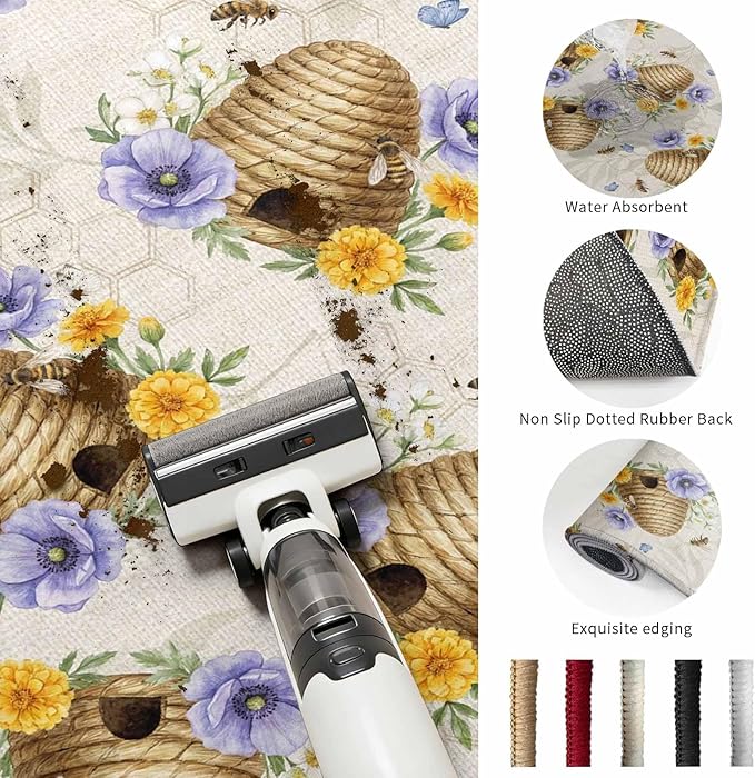 Runner Rug for Bedroom Hallway, Garden Beehives Honeybees Kitchen Runner Rugs Area Rug 2x6ft, Country Purple Floral Washable Soft Floor Carpet for Entryway Stair