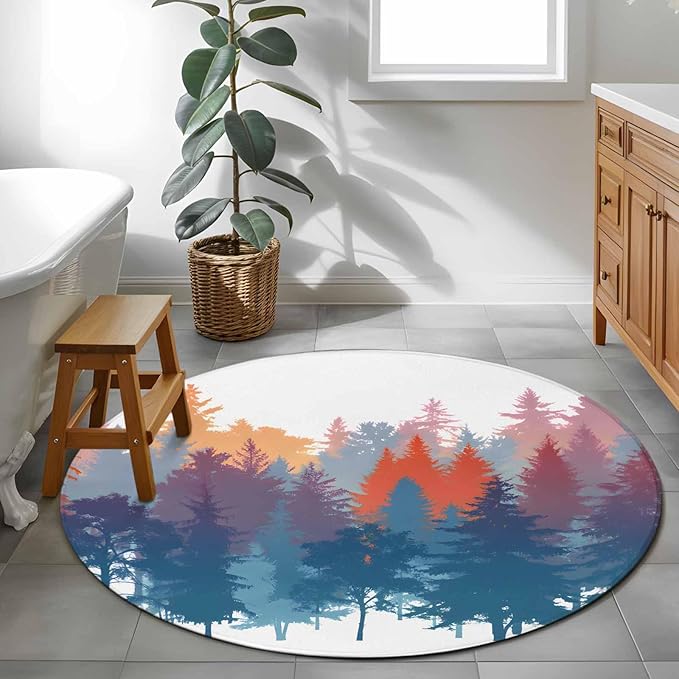 Washable Round Area Rug Abstract Trees Forest Silhouette Circle Rugs Floor Carpet for Living Room Bedroom, Natural Scene Plants Soft Non Slip Round Rug 4ft