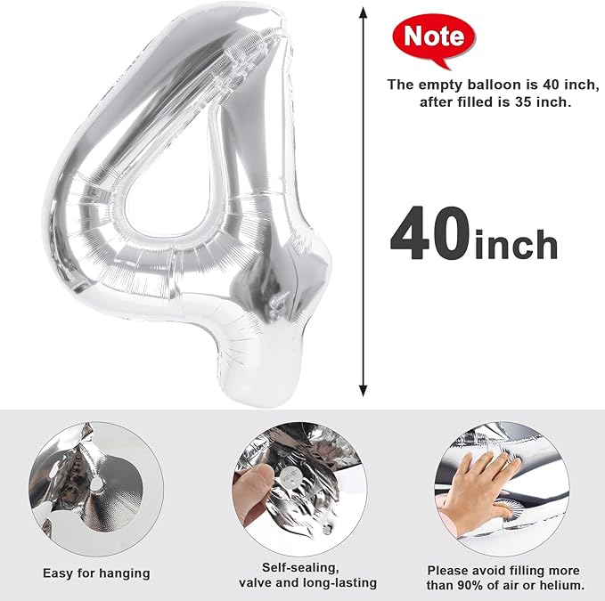 40 Inch Large Numbers Balloon, 4 Silver Ballon for 4th 14 40 44 Birthday Party, Balloon 4 Number for Graduations Wedding Supplies