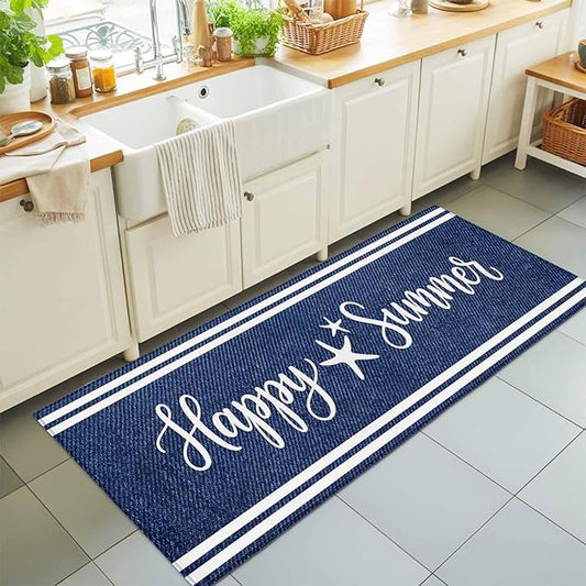 Runner Rug for Bedroom Hallway, Happy Summer Quote Ocean Starfish Kitchen Runner Rugs Area Rug 2x6ft, Navy Blue Stripe Denim Texture Washable Soft Floor Carpet for Entryway Stair