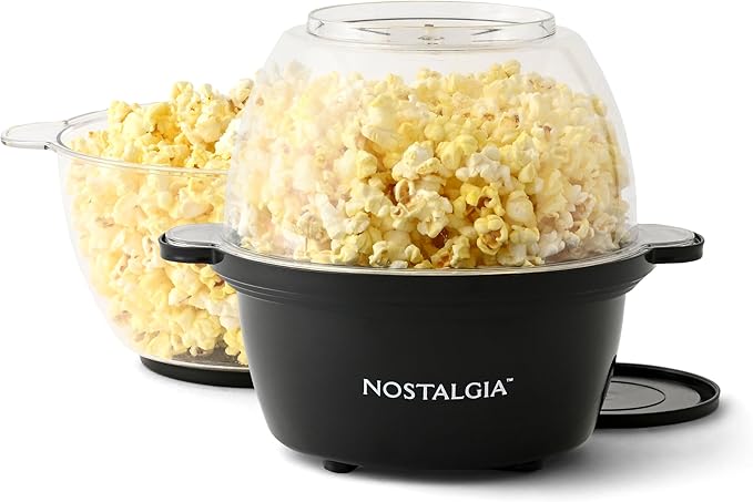 Nostalgia Non Stick Stirring Popcorn Maker for 8 Cups of Theatre Style Popcorn with Hot Oil - Dual-Use Lid & Serving Bowl - Quick Heat Technology & Cool Touch Handles - Ez Store - Black