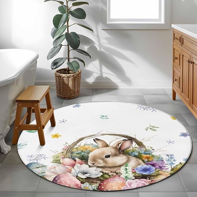 Washable Round Area Rug Easter Egg Spring Flower Cute Rabbit Circle Rugs Floor Carpet for Living Room Bedroom, Blossom Floral on White Soft Non Slip Round Rug 3ft