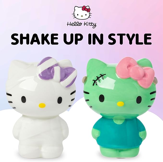 Silver Buffalo Sanrio Hello Kitty Halloween Ceramic Salt and Pepper Shaker Set, 5” L x 2” W x 3.5” H