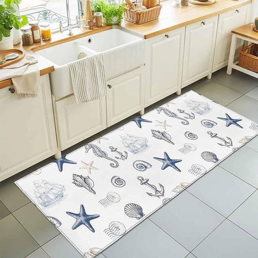 Runner Rug for Bedroom Hallway, Ocean Starfish Seahorse Shell Conch Kitchen Runner Rugs Area Rug 2x6ft, Nautical Compass Anchor Washable Soft Floor Carpet for Entryway Stair