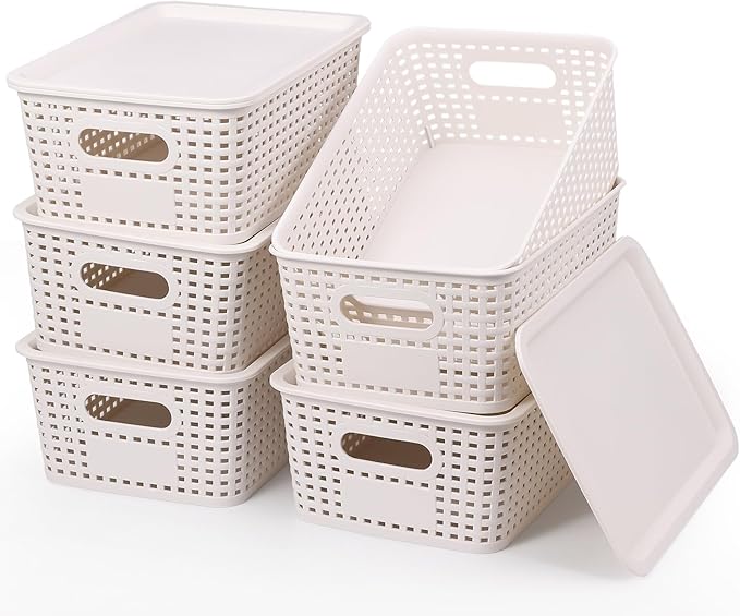 Misty Stream 6pcs Rattan Organiser Box with Lid & Handles Bathroom Kitchen Storage Boxes Plastic Storage Basket for Cupboards Shelves Bathrooms