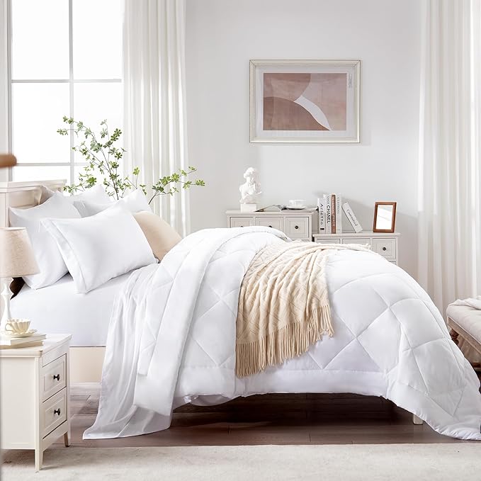 Love's cabin King Size Comforter Set White, 7 Pieces King Bed in a Bag, All Season Bedding Sets with 1 Comforter, 1 Flat Sheet, 1 Fitted Sheet, 2 Pillowcase and 2 Pillow Sham | Soft, Breathable, Lightweight, Comfortable