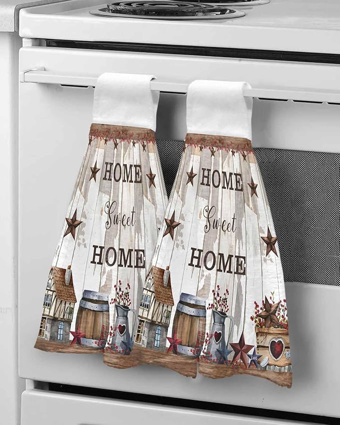 Alandar Home Kitchen Tie Towel Set of 2, Farm Cabin Retro Country Star Absorbent Soft Hand Towels for Bathroom Hanging Towels, Barrel Berry on Wood Grain Fast Drying Cleaning Cloth with Loop