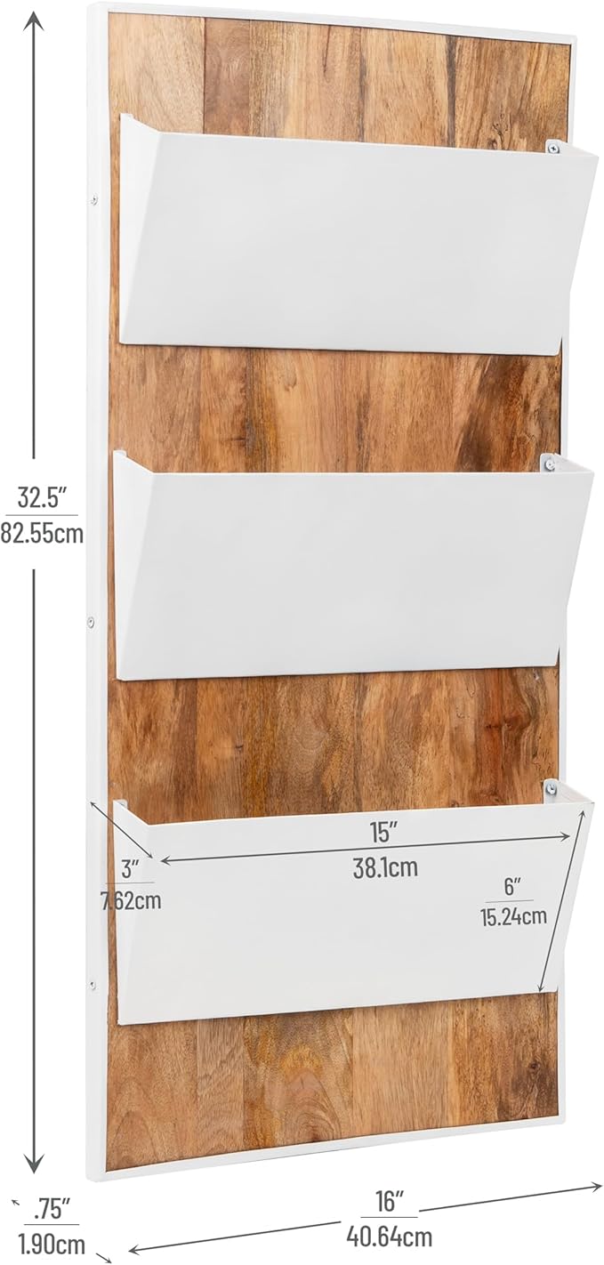 Mind Reader 3-Tier Wall-Mounted File Organizer, Wood and Metal Vertical Rack for Mail, Magazines, and Documents, Metal, Wood, White