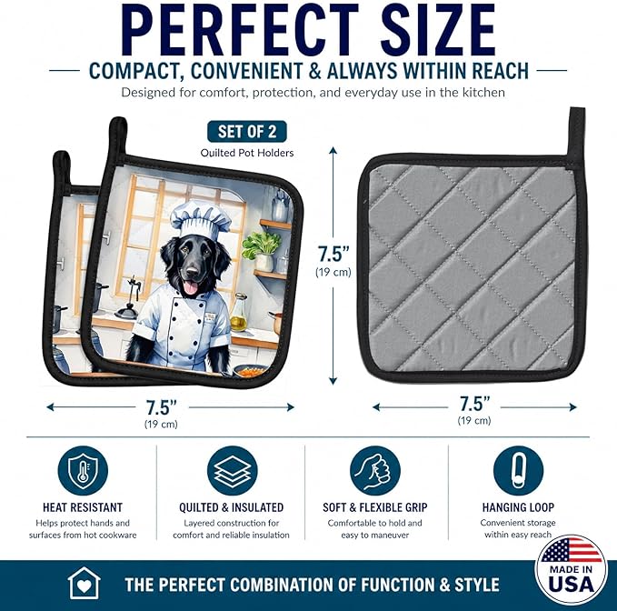 Caroline's Treasures Flat-Coated Retriever The Chef Pair of Pot Holders Kitchen Heat Resistant Pot Holders Sets Oven Hot Pads for Cooking Baking BBQ, 7 1/2 x 7 1/2