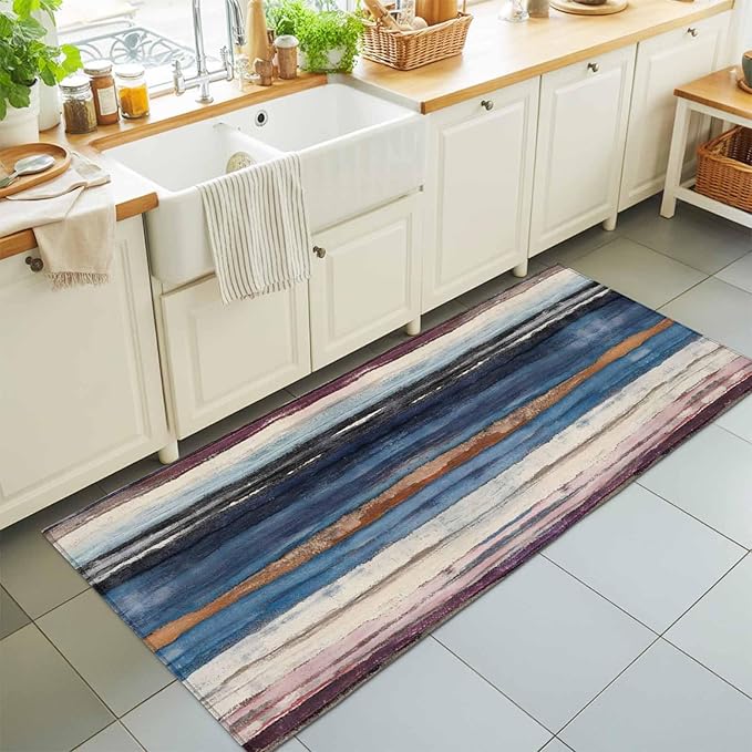 Runner Rug for Bedroom Hallway, Modern Gradient Striped Art Kitchen Runner Rugs Area Rug 2x6ft, Retro Abstract Rustic Texture Washable Soft Floor Carpet for Entryway Stair
