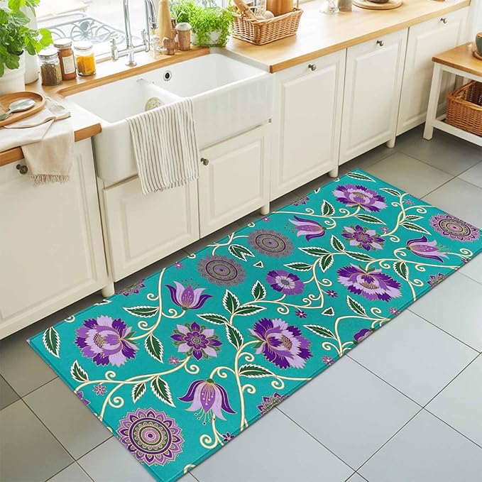 Runner Rug for Bedroom Hallway, Bohemian Purple Flowers Kitchen Runner Rugs Area Rug 2x6ft, Paisley Floral Art Washable Soft Floor Carpet for Entryway Stair
