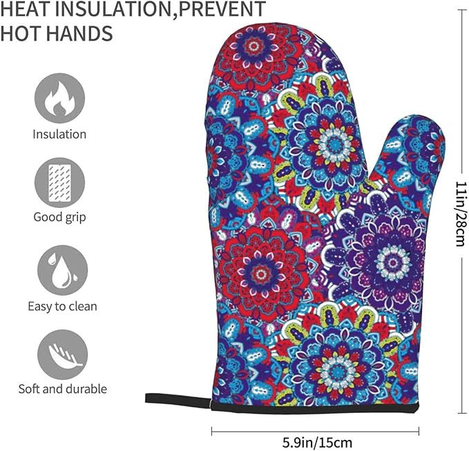 Boho Floral Oven Mitts of 2 Pack, Funny Kitchen Gloves Heat Resistant Non-Slip Kitchen Mitts for Cooking Baking Grilling