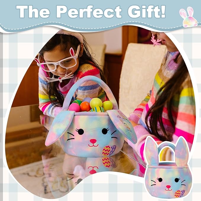 Easter Baskets for Kids,Plush Egg Hunting Easter Buckets with Handle Folded Ears, Gifts Boys Girls