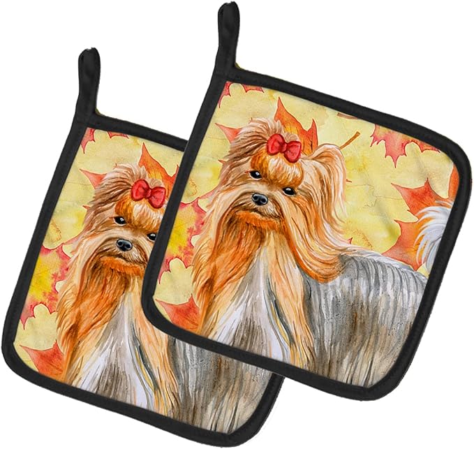 Caroline's Treasures BB9946PTHD Yorkshire Terrier Fall Pair of Pot Holders, Yellow Kitchen Heat Resistant Pot Holders Sets Oven Hot Pads for Cooking Baking BBQ, 7 1/2 x 7 1/2