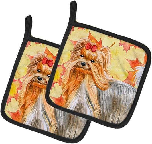 Caroline's Treasures BB9946PTHD Yorkshire Terrier Fall Pair of Pot Holders, Yellow Kitchen Heat Resistant Pot Holders Sets Oven Hot Pads for Cooking Baking BBQ, 7 1/2 x 7 1/2