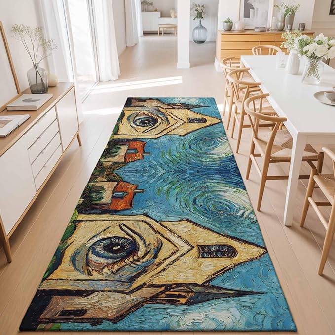 Runner Rug for Bedroom Hallway, Abstract Farmhouse Starry Night Eye Kitchen Runner Rugs Area Rug 2x6ft, Rustic Oil Painting Art Washable Soft Floor Carpet for Entryway Stair