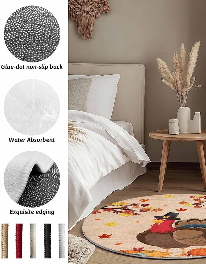 Round Area Rug,Turkey Orange Fallen Leaves Thanksgiving Pumpkin Circle Living Room Rug Non-Slip Rugs Indoor Carpet,Vintage Linen Soft Comfort Rugs for Bedroom KidsRoom Nursery
