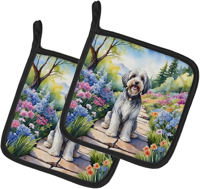 Caroline's Treasures Tibetan Terrier Spring Path Pair of Pot Holders Kitchen Heat Resistant Pot Holders Sets Oven Hot Pads for Cooking Baking BBQ, 7 1/2 x 7 1/2