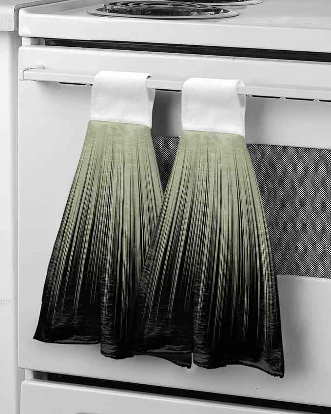 Alandar Home Kitchen Tie Towel Set of 2, Sage Green Black Striped Art Absorbent Soft Hand Towels for Bathroom Hanging Towels, Abstract Line Gradient Fast Drying Cleaning Cloth with Loop