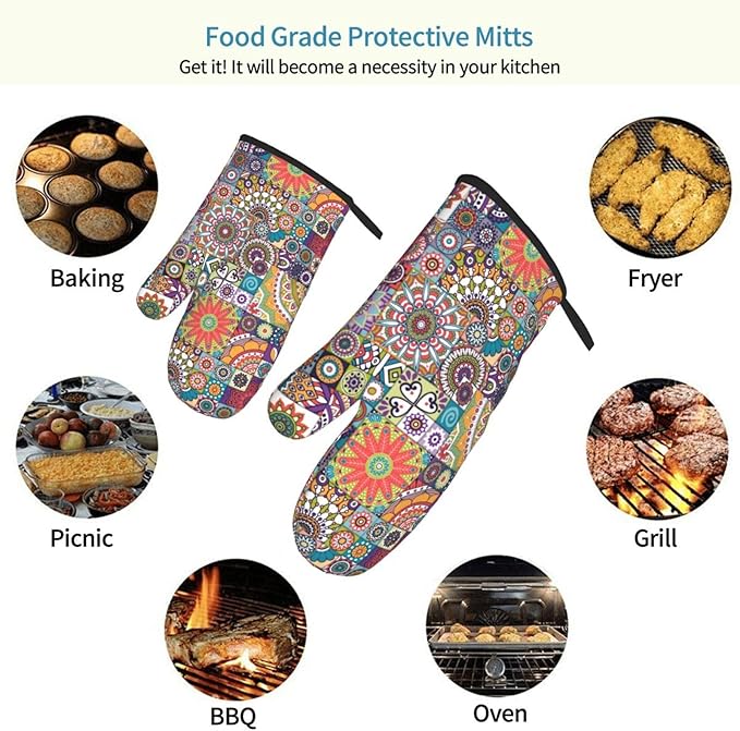 Boho Mandalas Oven Mitts of 2 Pack, Funny Kitchen Gloves Heat Resistant Non-Slip Kitchen Mitts for Cooking Baking Grilling