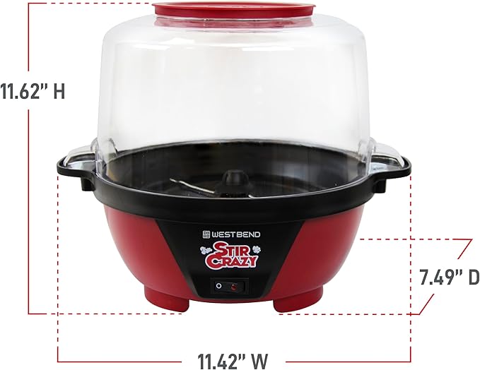 West Bend Stir Crazy Hot Oil Popcorn Popper, Popcorn Maker Machine with Large Serving Bowl Lid and Stirring Rod Perfect for Movie Night Snack Time or Parties, 6-Quart, Red