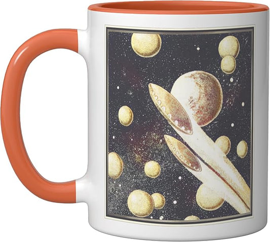 Retro Sci-Fi UFOs Flying Saucers Through Space Ceramic Mug, Orange/White