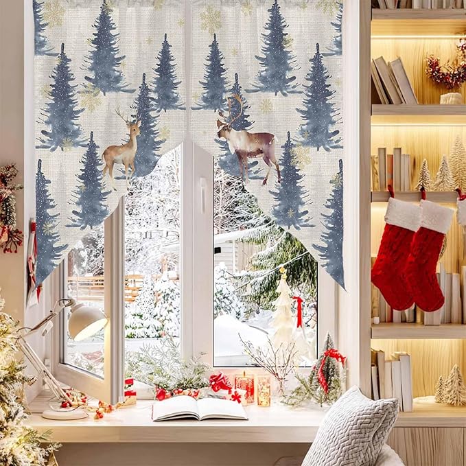 Christmas Deer Swag Valance Curains Elk in Forest Blue Trees Snowflake Linen Sole Rod Pocket Kitchen Curtains Scalloped Window Treatment Valances Swag for Living Room Bedroom, 1 Pair, 36"W x 45"L