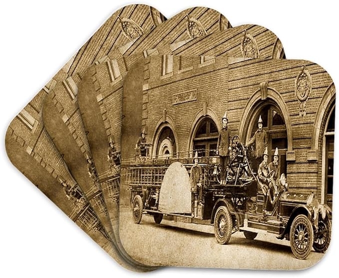 3dRose 1920s Hook and Ladder Fire Company Sepia Set of 4 Coasters - Soft