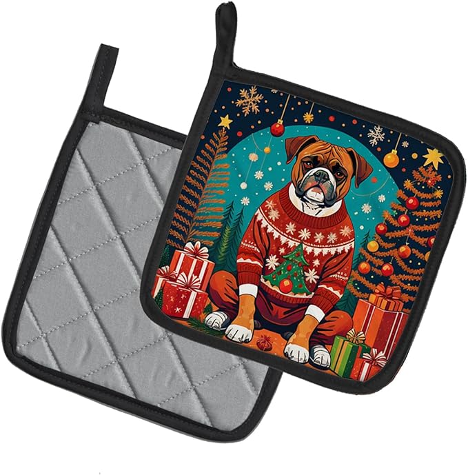 Caroline's Treasures Boxer Christmas Pair of Pot Holders Kitchen Heat Resistant Pot Holders Sets Oven Hot Pads for Cooking Baking BBQ, 7 1/2 x 7 1/2