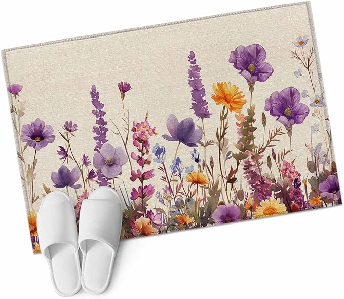 Area Rug 2x3ft, Country Flower Purple Lavender Plant Washable Rugs for Living Room Bedroom, Retro Linen Soft Non-Slip Area Rugs Rectangle Floor Carpet for Dining Room