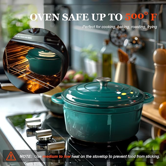 Overmont Enameled Cast Iron Dutch Oven - 7QT Pot with Lid Cookbook & Cotton Potholders - Heavy-Duty Cookware for Braising, Stews, Roasting, Sourdough Baking bottle green
