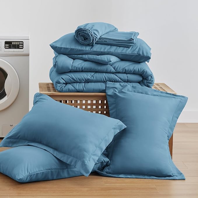 Love's cabin King Size Comforter Set Misty Blue, 7 Pieces King Bed in a Bag, All Season Bedding Sets with 1 Comforter, 1 Flat Sheet, 1 Fitted Sheet, 2 Pillowcase and 2 Pillow Sham | Soft, Breathable, Lightweight, Comfortable
