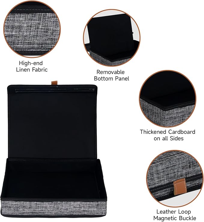 Photo Storage Boxes with Lids, Memory Box for Keepsakes, Picture Organizer Versatile Linen Containers Basket Collapsible Bin for Organizing Home Office, 2 Pack, 14x10.8x2.5 Inch, Black