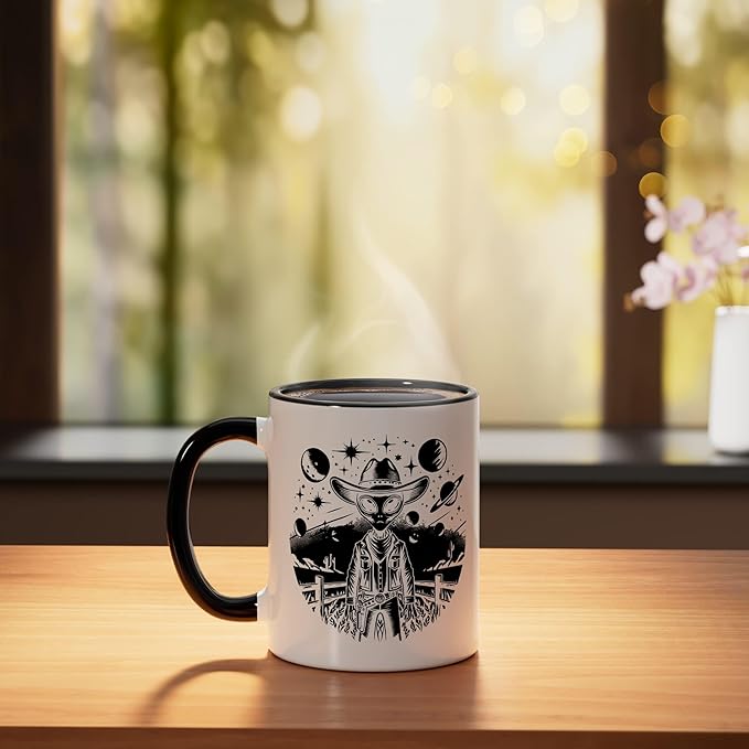 Alien Lover Flying Saucer UFO Extraterrestrial Cowboy Ceramic Mug, Black/White