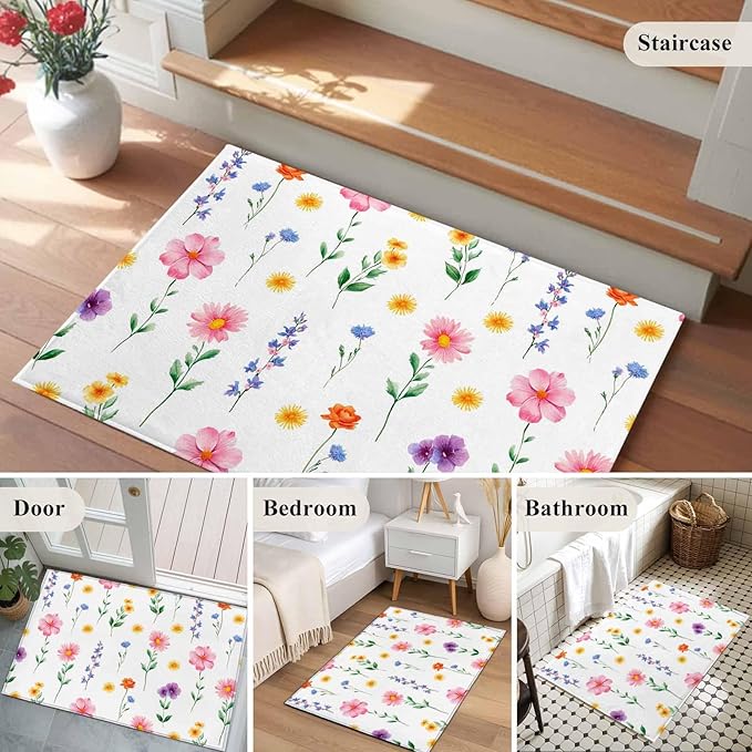 Area Rug 2x3ft, Watercolor Farmhouse Flower Washable Rugs for Living Room Bedroom, Yellow Pink Purple Blue Floral Soft Non-Slip Area Rugs Rectangle Floor Carpet for Dining Room