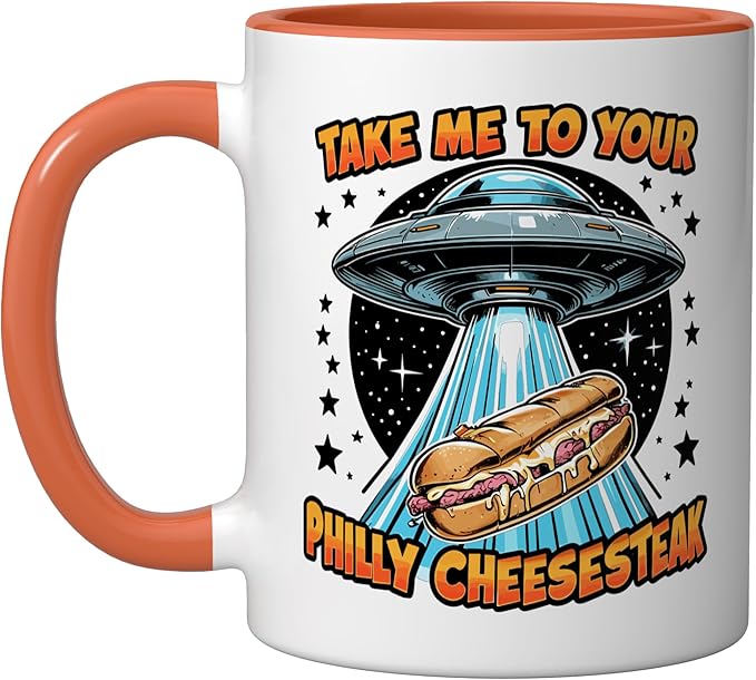 Take Me to Your Philly Cheesesteak UFO Philly Cheesesteak Ceramic Mug, Orange/White
