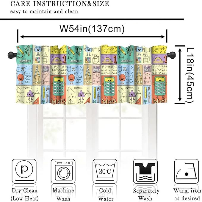 Fun Math Valance, Kids Fun Mathematics Educational Study Learning Small Window Drapes for Kitchen Bedroom School Classroom Decor, 54x18Inch